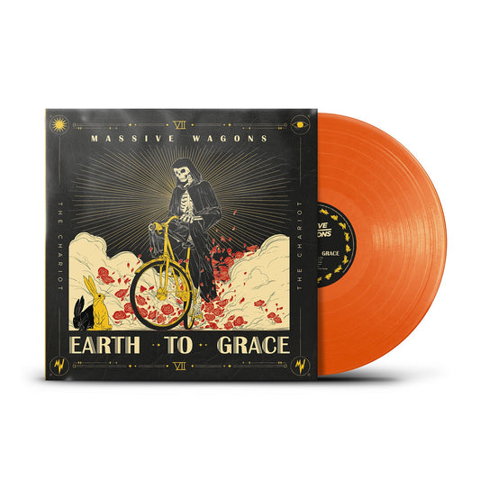 Orange vinyl record with cover art featuring a skeleton cyclist and roses.