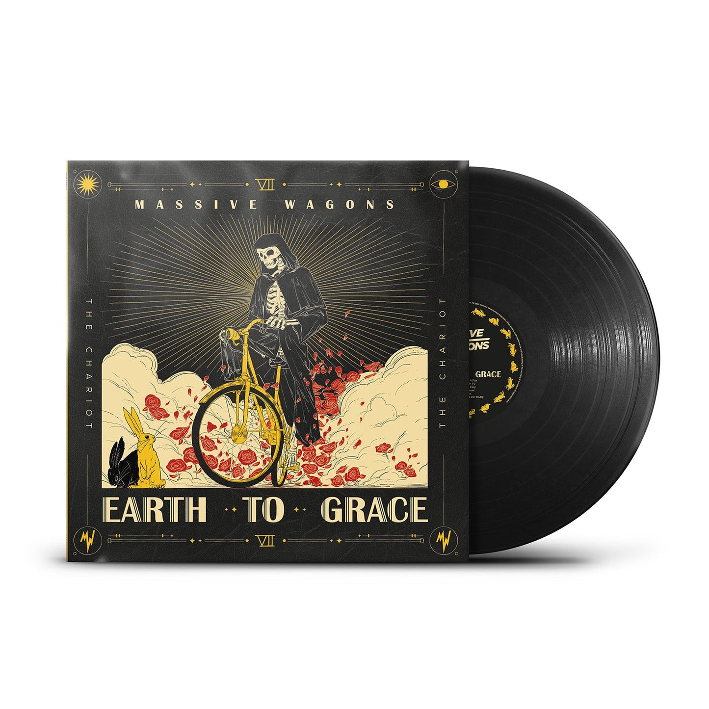 Vinyl record of Massive Wagons’ “Earth to Grace” with skeletal cyclist artwork.