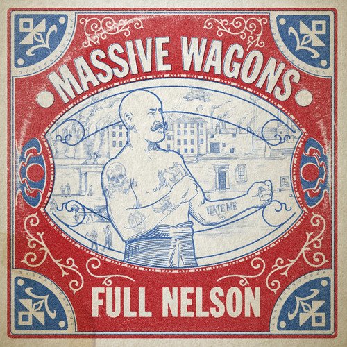 Vinyl album cover with red border, illustration of a man flexing, and ornate details.