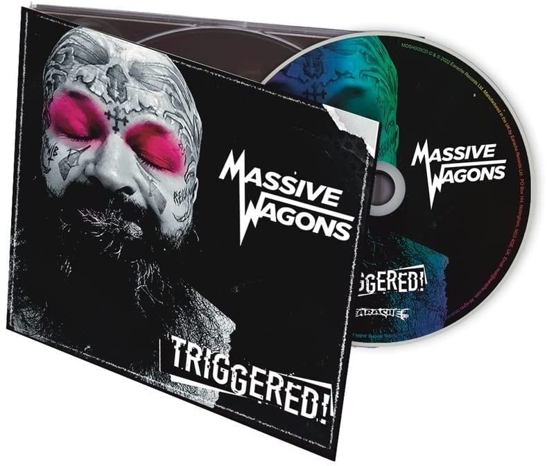 CD case for Massive Wagons’ “Triggered” album, featuring a distressed face.