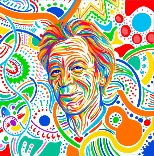 Colorful portrait of a man with swirling, patterned background.