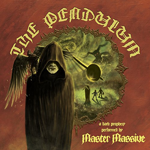 Hooded figure with a raven, holding a pendulum over a landscape.