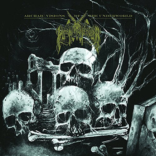 Black and white illustration of human skulls, bones, and ruins against a dark background.