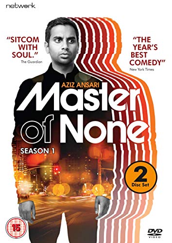 DVD cover for "Master of None" featuring Aziz Ansari against a cityscape.