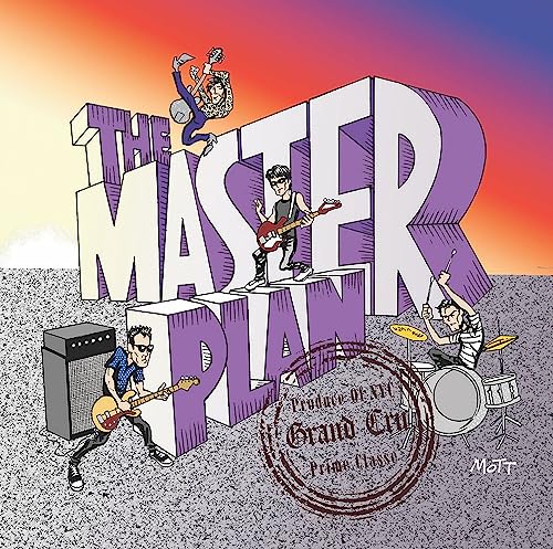 Cartoon band members playing instruments in front of large purple text on a desert background.