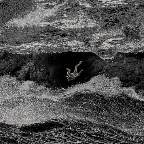 Abstract album cover depicting a falling figure amidst turbulent, textured waves.