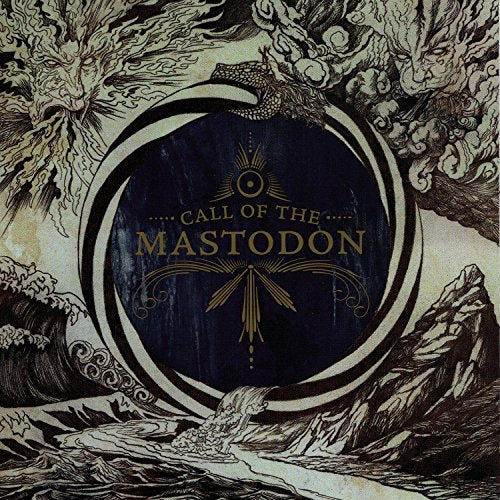 "Album cover with 'Call of the Mastodon' text on blue background, surrounded by illustrations."