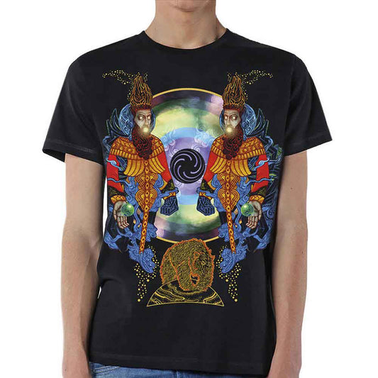 Black t-shirt with mirrored, colorful Mastodon album art graphic.