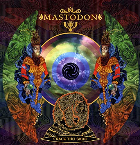 "Mastodon album cover art featuring mystical figures and a bear head on a vinyl record."