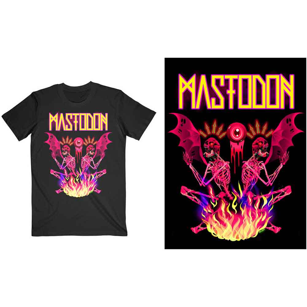 Black Mastodon t-shirt with neon pink and purple skull and fire graphic.