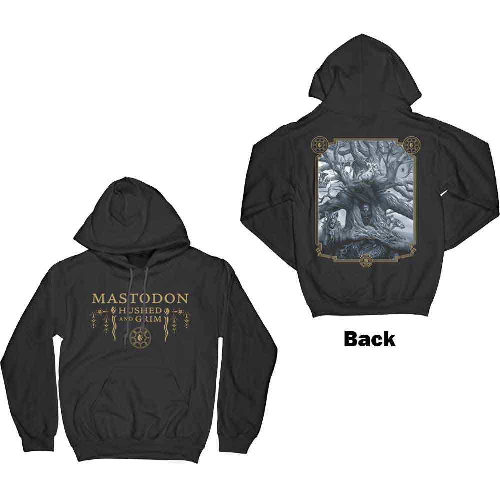 Black Mastodon hoodie with gold band logo and text design.