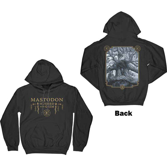 Black Mastodon hoodie with gold band logo and text design.