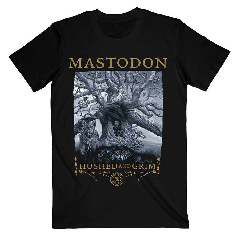 Black Mastodon t-shirt with detailed tree and wolf artwork.