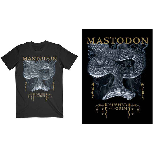 Man wearing a black Mastodon band t-shirt with a coiled snake graphic.
