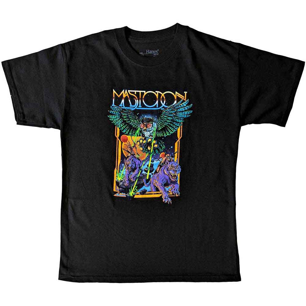 Girl wearing black Mastodon t-shirt with colorful owl and figures design.