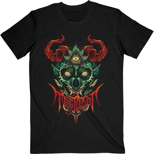 Black t-shirt with a colorful, detailed beast and band logo print.