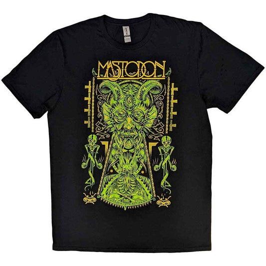 Black t-shirt with a large, detailed green Mastodon graphic print.
