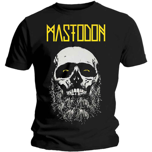 Black Mastodon t-shirt with a skull and beard graphic, modeled.