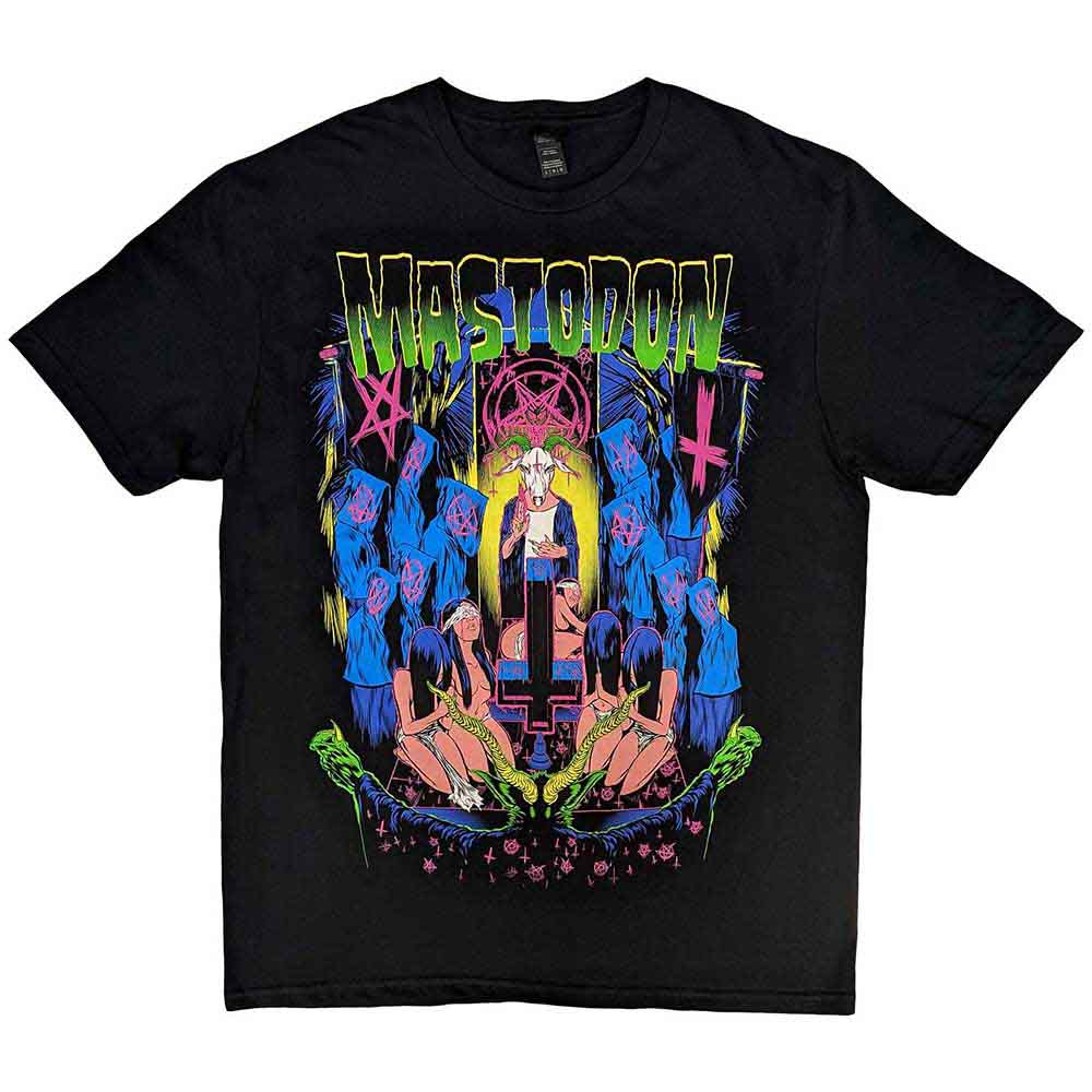 Yellow Mastodon t-shirt with graphic of birds and a chalice.