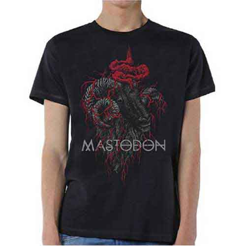 Black t-shirt with a red ram’s head and “Mastodon” text graphic.