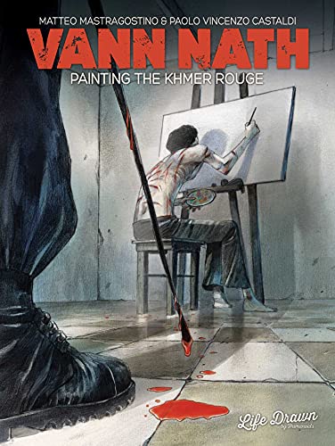 Book cover depicting a painter at an easel with a looming boot and blood.