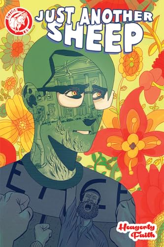 Comic book cover: a green-toned face with buildings inside, flowers, and a small figure.