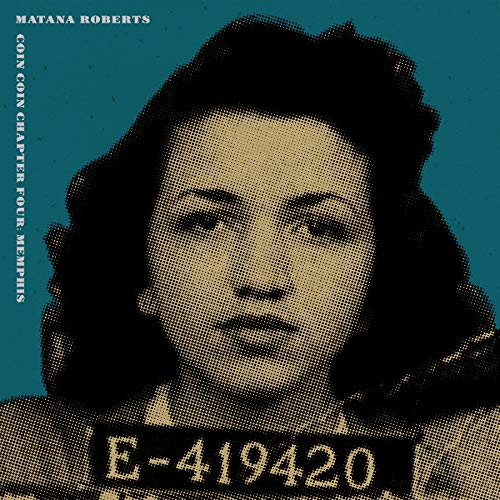 Album cover: halftone portrait of a woman with a mugshot-style ID.