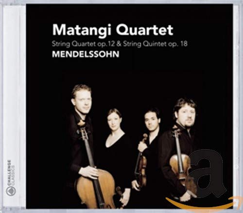 "CD cover with four musicians holding string instruments against a black background."