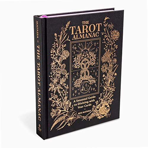 Black book cover with gold floral design and title "The Tarot Almanac".