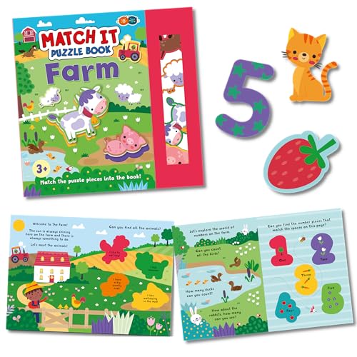 Farm-themed "Match It" puzzle book with animals, numbers, and colorful scenes.