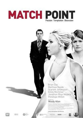 DVD cover for Match Point featuring Scarlett Johansson, Jonathan Rhys Meyers, and Emily Mortimer.