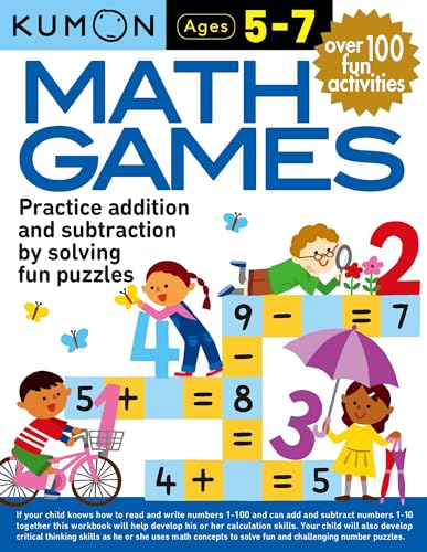 Kumon Math Games workbook cover featuring children solving addition and subtraction puzzles with numbers.