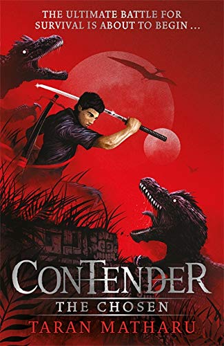 A young man with a sword fights dinosaurs against a red moonlit background.