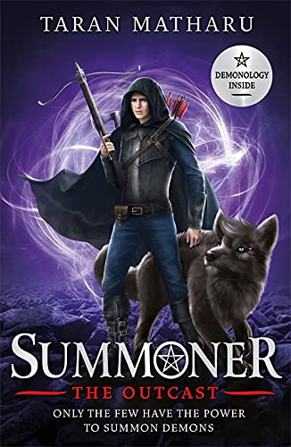 A hooded figure holding a crossbow stands with a wolf against a purple background.