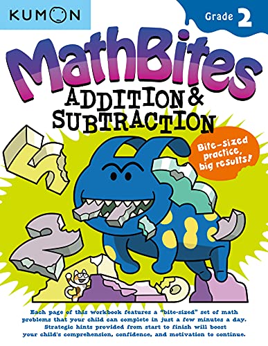 Kumon MathBites Grade 2 workbook cover with a cartoon dinosaur and numbers.