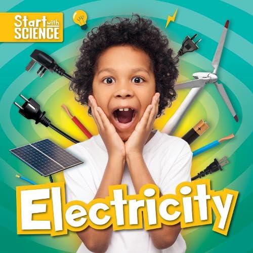Child with surprised expression surrounded by electricity-related objects.