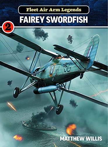 Fairey Swordfish biplane in flight over a stormy sea with ships below.