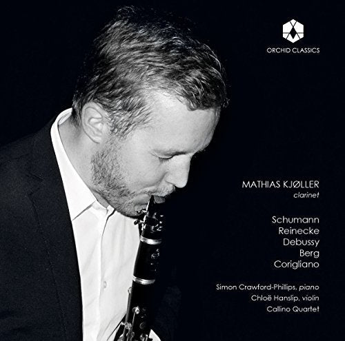 "Black and white image of a man playing the clarinet, with text listing composers."