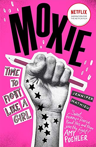 Book cover for "Moxie" featuring a raised fist with star decorations.