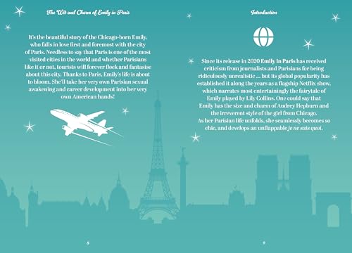 Book page with Eiffel Tower, airplane, and Paris skyline in teal.