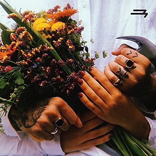 Person's hands and head partially obscured by a bouquet of flowers and axe.