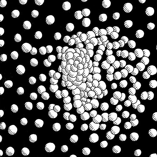 A black and white illustration of numerous small spheres against a black background.
