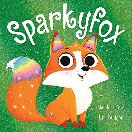Orange fox with a rainbow tail and ears, book cover illustration.