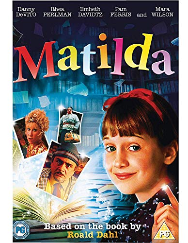 DVD cover for the movie Matilda featuring a young girl and a library background.