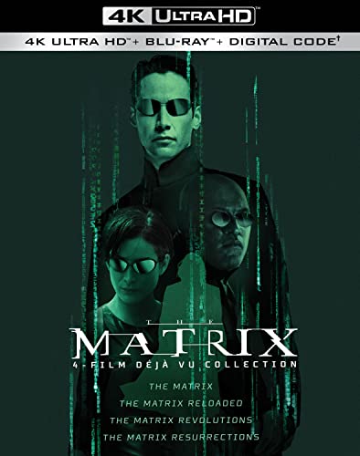 “The Matrix” 4-film Blu-ray cover featuring Keanu Reeves, Carrie-Anne Moss, and Laurence Fishburne.