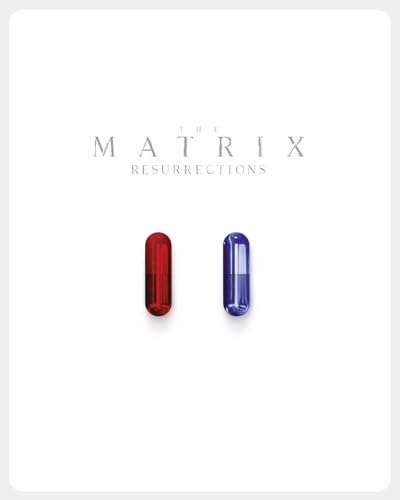 “The Matrix Resurrections” Blu-ray cover with red and blue pills.