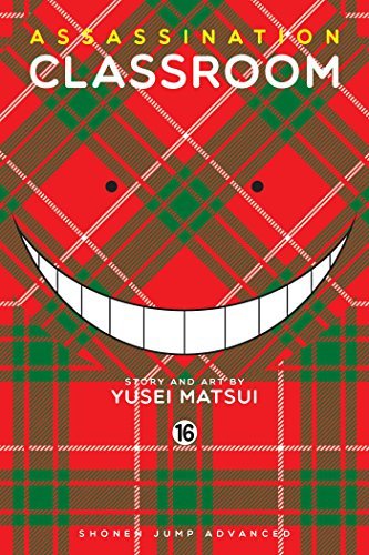 Book cover: "Assassination Classroom, Vol. 16" with a smiling, patterned face.