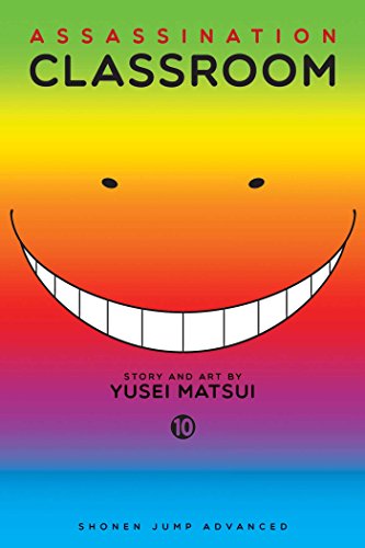 Assassination Classroom volume 10 cover featuring a large smiling face on a rainbow background.