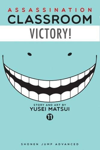 Assassination Classroom volume 11 cover featuring a large, wide, toothy grin on light blue.