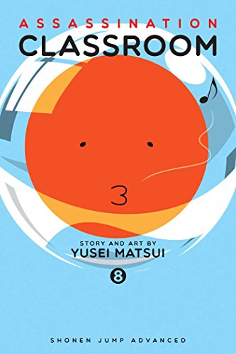 Assassination Classroom volume 8 cover featuring a whistling orange circular character inside a bubble.